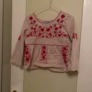 Tan&Red Floral Embroidered Tunic Blouse